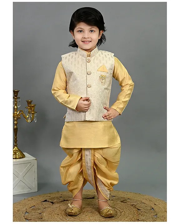 BT DEZINES Cotton Silk Woven Full Sleeves Sequin Embellished Kurta Dhoti Set With Jacket - Yellow